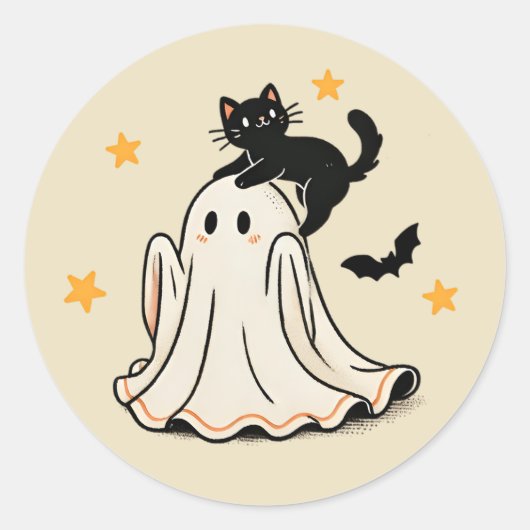 Spielvolle schwarze Katze auf Ghost's Kopf Hallowe Runder Aufkleber (Vorderseite)