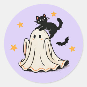 Spielvolle schwarze Katze auf Ghost's Kopf Hallowe Runder Aufkleber