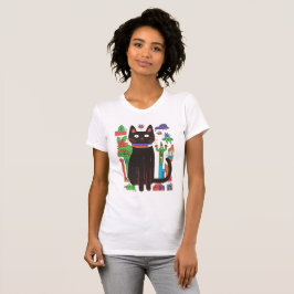 Spielvolle schwarze Katze mit farbenfrohen Abstrak T-Shirt