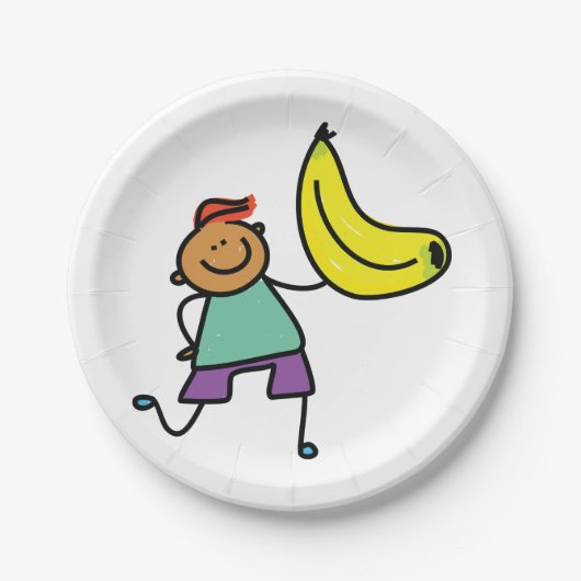 Spielvolles Kind hält große gelbe Banane Pappteller (Vorderseite)