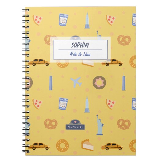 Spielvolles NYC Muster Yellow Name Spiral Notebook Notizblock (Vorderseite)