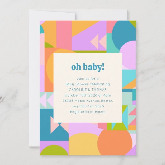 Spielvolles Retro farbiges geometrisches Baby Dusc Einladung (Vorderseite)