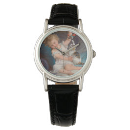 Spielzeit: Mädchen spielen mit ihrem Pet Kitten Armbanduhr