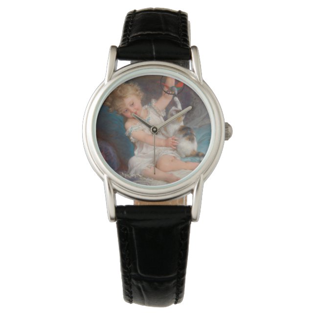 Spielzeit: Mädchen spielen mit ihrem Pet Kitten Armbanduhr (Vorderseite)