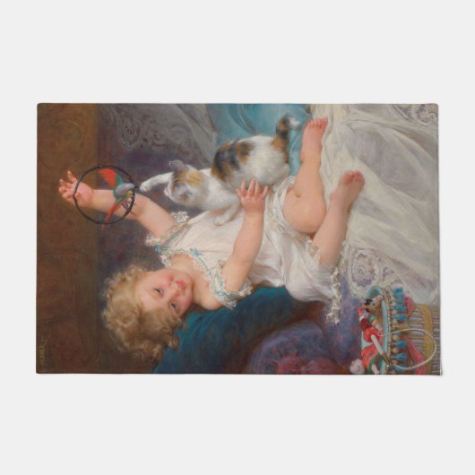 Spielzeit: Mädchen spielen mit ihrem Pet Kitten Fußmatte (Vorderseite)