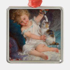 Spielzeit: Mädchen spielen mit ihrem Pet Kitten Ornament Aus Metall