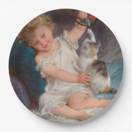 Spielzeit: Mädchen spielen mit ihrem Pet Kitten Pappteller