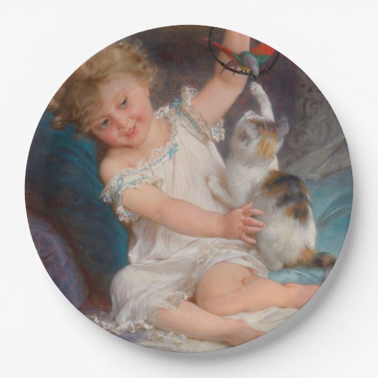 Spielzeit: Mädchen spielen mit ihrem Pet Kitten Pappteller (Vorderseite)