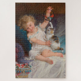 Spielzeit: Mädchen spielen mit ihrem Pet Kitten Puzzle