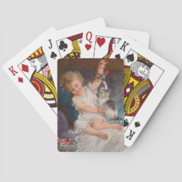 Spielzeit: Mädchen spielen mit ihrem Pet Kitten Spielkarten