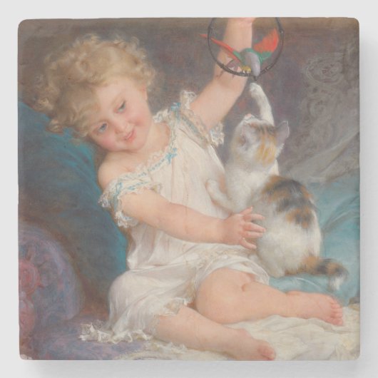 Spielzeit: Mädchen spielen mit ihrem Pet Kitten Steinuntersetzer (Vorderseite)