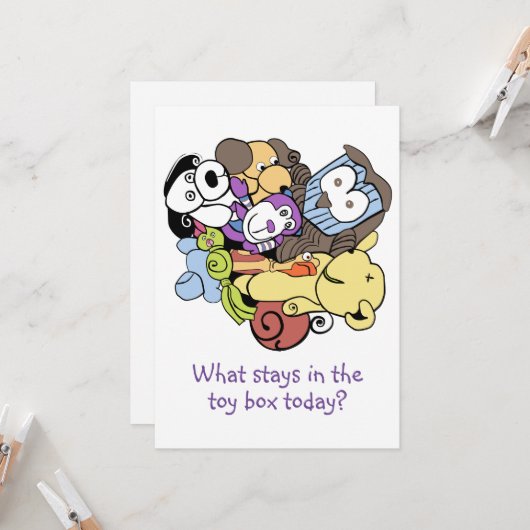 Spielzeugkasten für die Einladung (Vorderseite/Rückseite Beispiel)