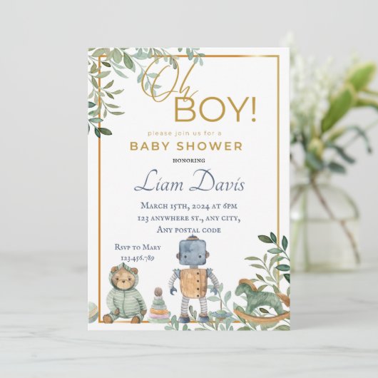 Spielzeugroboter & Teddy-Bärendesign Einladung (Stehend Vorderseite)