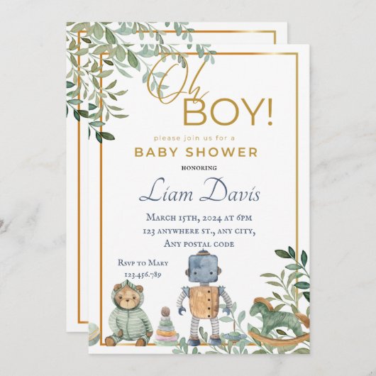 Spielzeugroboter & Teddy-Bärendesign Einladung (Vorne/Hinten)