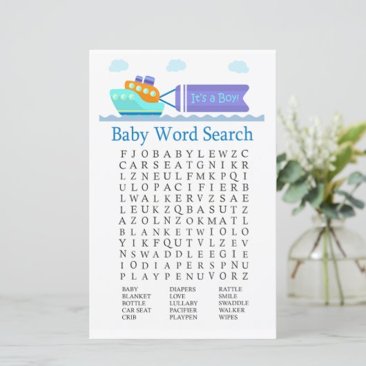 Spielzeugschiff Baby Shower Word Search Game (Stehend Vorderseite)