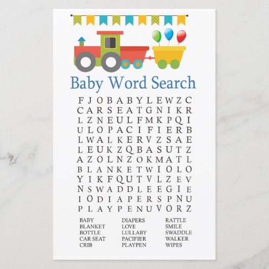 Spielzeugzug Baby Shower Word Search Game (Vorderseite)