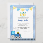 Spielzeugzug Boys Blue Baby Dusche Einladung (Vorderseite)