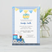 Spielzeugzug Boys Blue Baby Dusche Einladung (Stehend Vorderseite)