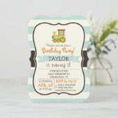 Spielzeugzug; braun, orange, gelb, Aquamarin, blau Einladung (Stehend Vorderseite)