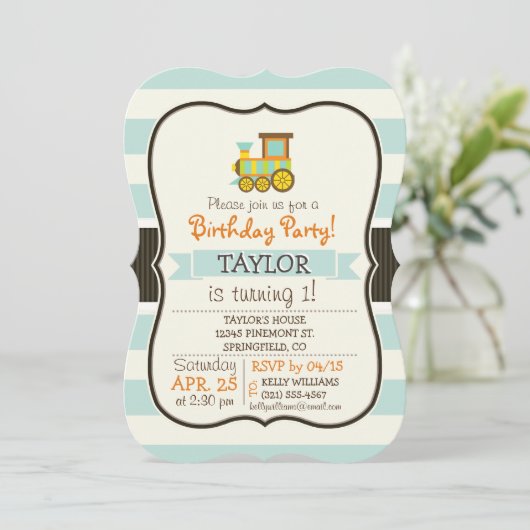 Spielzeugzug; braun, orange, gelb, Aquamarin, blau Einladung (Stehend Vorderseite)