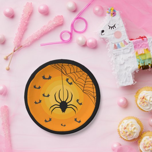 Spike Web Bats Orange Black Kids Halloween-Party Pappteller (Party)