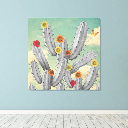 Spiky Cactus Blume Collage Art Leinwanddruck (Insitu (Holzboden))