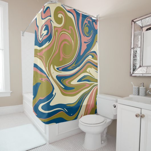 Spill - Blau, Olivgrün, Rosa und Creme Duschvorhang (Beispiel)