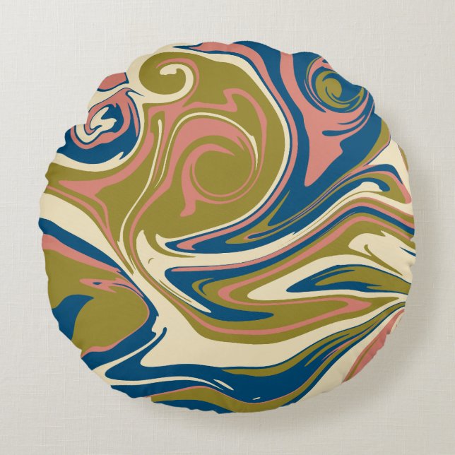 Spill - Blau, Olivgrün, Rosa und Creme Rundes Kissen (Vorderseite)