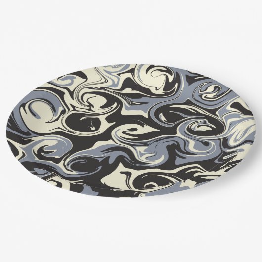 Spill - Schwarz, Grau und Creme Pappteller (Schrägansicht)