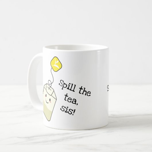 "Spill the tea, sis!" Kawaii-Teebeutel Kaffeetasse (Vorderseite Links)