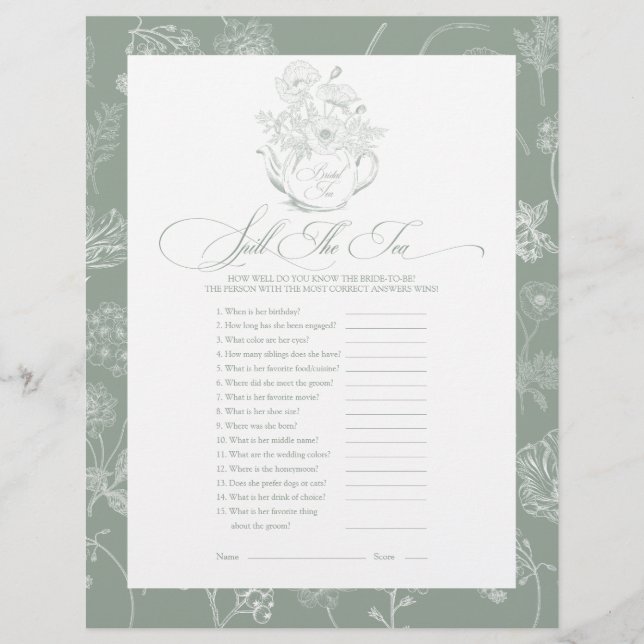 Spill the Tee Brautparty Game (Vorderseite)