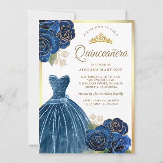 Spinkling Gown Navy Blue Rose Gold Quinceanera Einladung (Vorderseite)