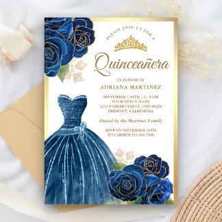 Spinkling Gown Navy Blue Rose Gold Quinceanera Einladung
