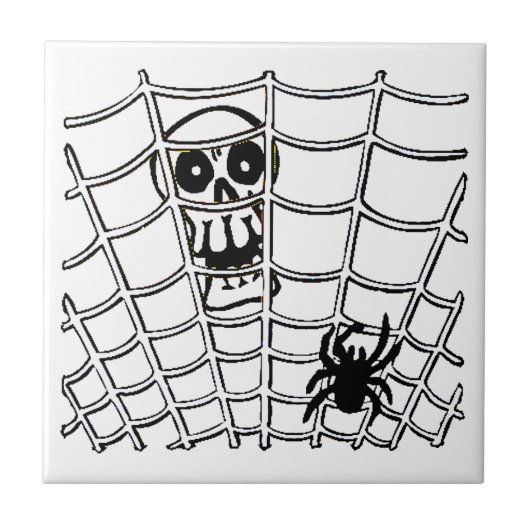 Spinne im Web mit Skull Halloween Tile Fliese (Vorderseite)
