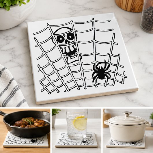Spinne im Web mit Skull Halloween Tile Fliese