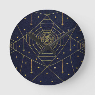 Spinne mit Spinnennetz und Sterne schwarz und gold Runde Wanduhr