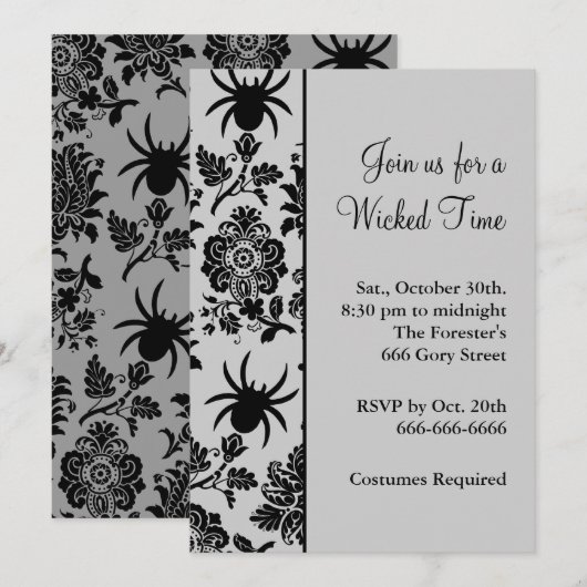 Spinnen-Damast Halloweeen Einladung (grau) (Vorne/Hinten)