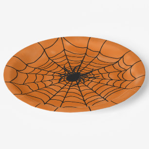 Spinnen-Netz mit Spinne auf orange Halloween Pappteller