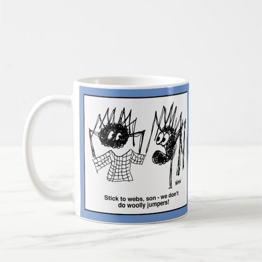 Spinnen und ihre Webs Cartoon. Funny Kaffeetasse (Links)