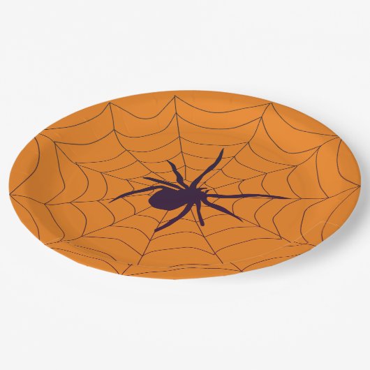 Spinnen und Web auf Orange-Party Pappteller (Schrägansicht)