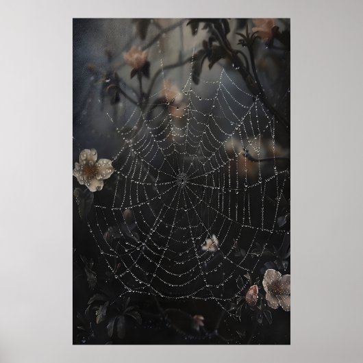 Spinnennetz mit Tau im dunklen Walddruck, Blüte Poster (Vorne)