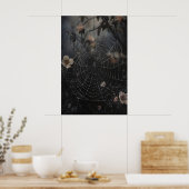 Spinnennetz mit Tau im dunklen Walddruck, Blüte Poster (Küche)
