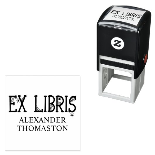 Spinnennetze mit hängenden Spinnen auf Ex Libris T Permastempel (Beispiel)