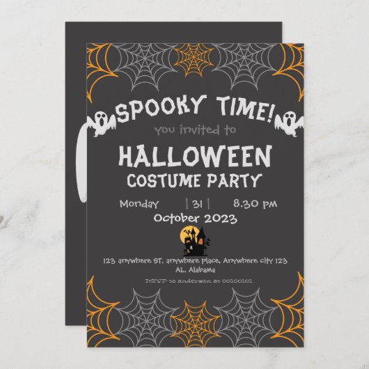 Spinnennetze Orange Spooky Adult Halloween-Party Einladung (Vorne/Hinten)