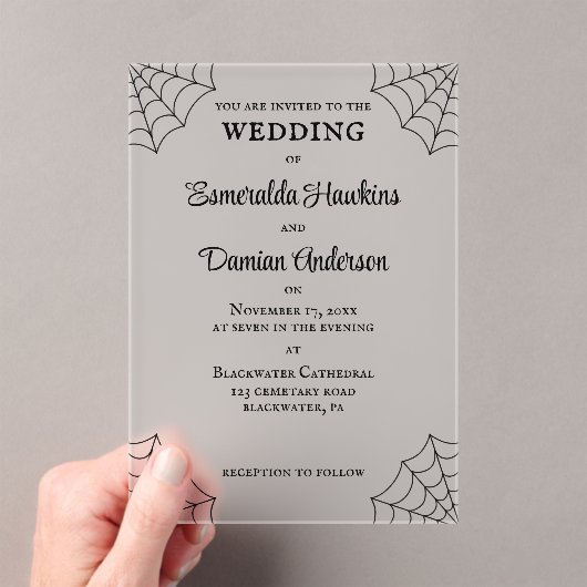 Spinnennetze Schwarz-Weiß-Gothic-Hochzeit Acryleinladungen (Insitu (Handheld))