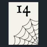 Spinnennetze Schwarz-Weiß-Gothic-Hochzeit Tischnummer<br><div class="desc">Erstellen Sie individuelle Tischnummern für gotische Hochzeiten. Diese Karte kann mit Ihrer eigenen Nummer angepasst werden. Es zeigt eine Spiderweb-Grafik in der unteren Ecke. Schwarzer Text und Grafik sind Set vor einem weichen ecru oder eggshell weißen Hintergrund.</div>
