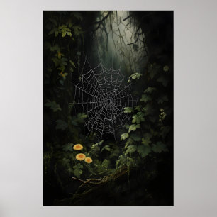 Spinnweben im dunklen Wald Wandbild, Spinnennetze  Poster