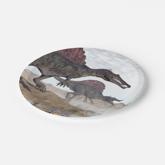 Spinosaurus Dinosaurier in der Wüste - 3D Pappteller (Schrägansicht)