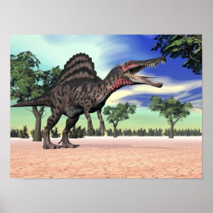 Spinosaurus-Dinosaurier in der Wüste - 3D-Renderin Poster
