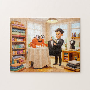Spion-Krabbe beim Anpassen eines maßgeschneiderten Puzzle